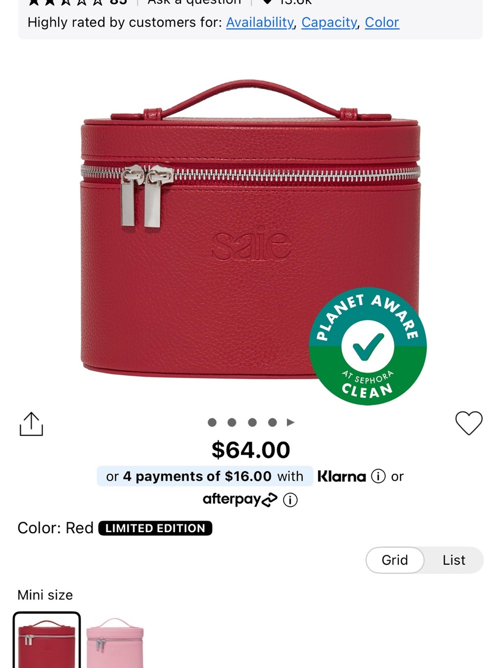 Saie Red Pebbled Mini Vanity Case with Top Handle